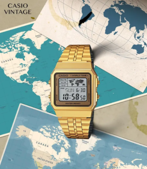 Vintage A500WGA-9DF Digital Multicolor Dial Unisex Watch Gold Metal Strap (D134)